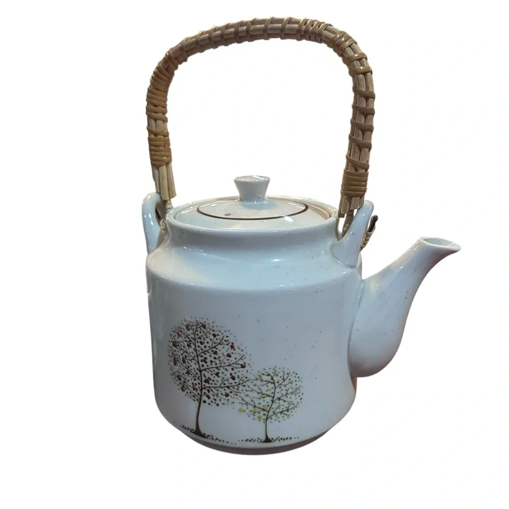 Vintage Style Ceramic Teapot Set with 6 Cups Tree‎ Pattern Woven Handle rustic